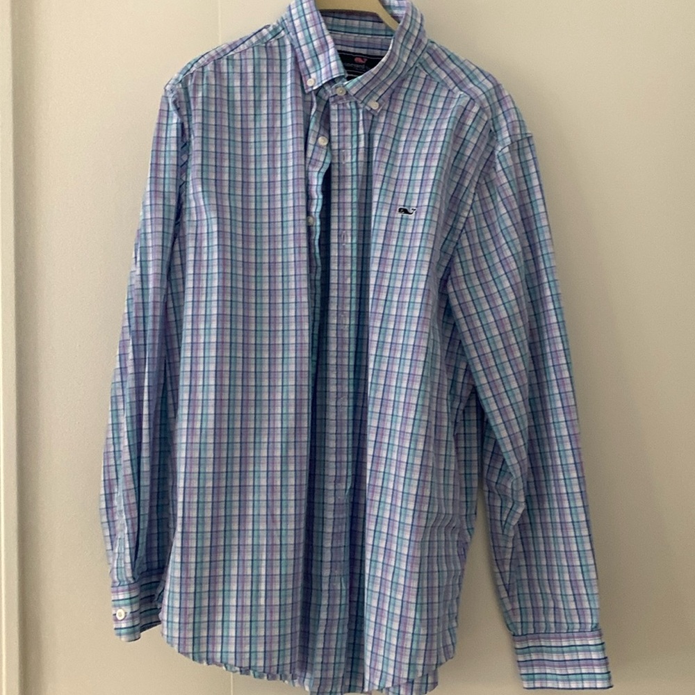 Vineyard vines checked button down shirt, blue and green check